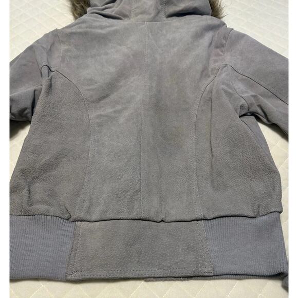 NWT DOLLHOUSE Sz Large Bomber Jacket Gray Genuine Leather Suede Faux Fur Hoodie - Picture 8 of 16